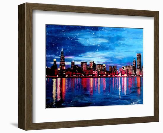 Chicago Skyline at Night-Martina Bleichner-Framed Art Print