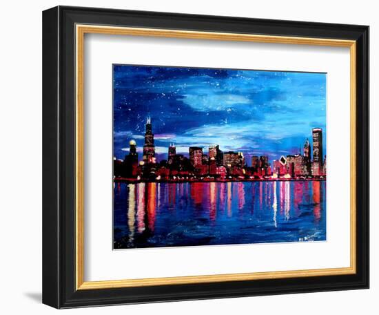 Chicago Skyline at Night-Martina Bleichner-Framed Art Print