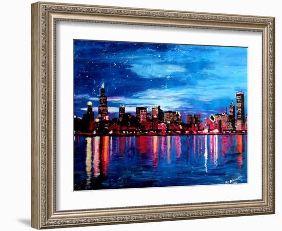 Chicago Skyline at Night-Martina Bleichner-Framed Art Print