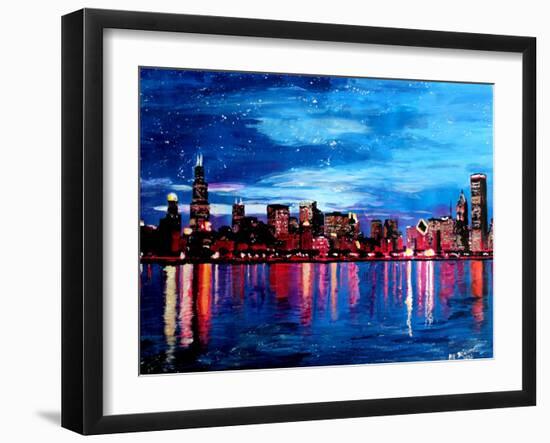 Chicago Skyline at Night-Martina Bleichner-Framed Art Print