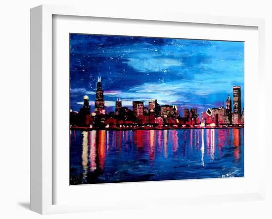 Chicago Skyline at Night-Martina Bleichner-Framed Art Print