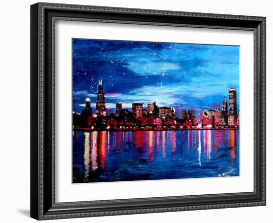 Chicago Skyline at Night-Martina Bleichner-Framed Art Print