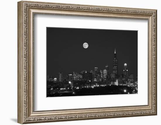 Chicago Skyline & Full Moon In Black & White-Steve Gadomski-Framed Photographic Print