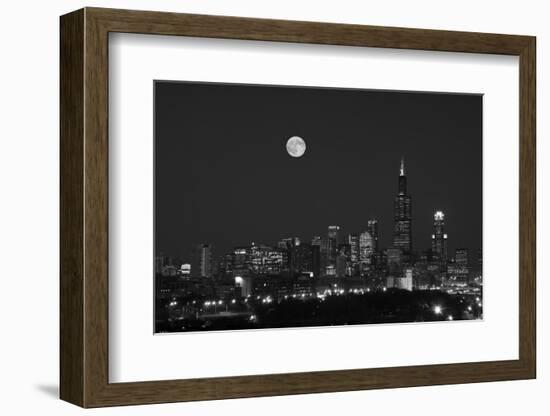 Chicago Skyline & Full Moon In Black & White-Steve Gadomski-Framed Photographic Print