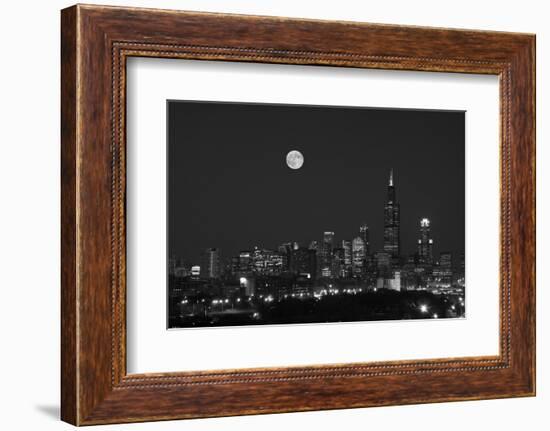 Chicago Skyline & Full Moon In Black & White-Steve Gadomski-Framed Photographic Print