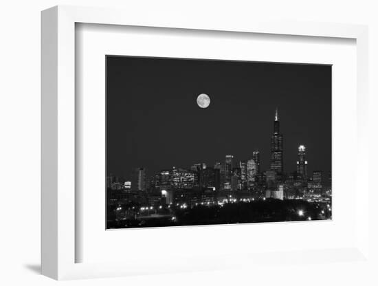 Chicago Skyline & Full Moon In Black & White-Steve Gadomski-Framed Photographic Print