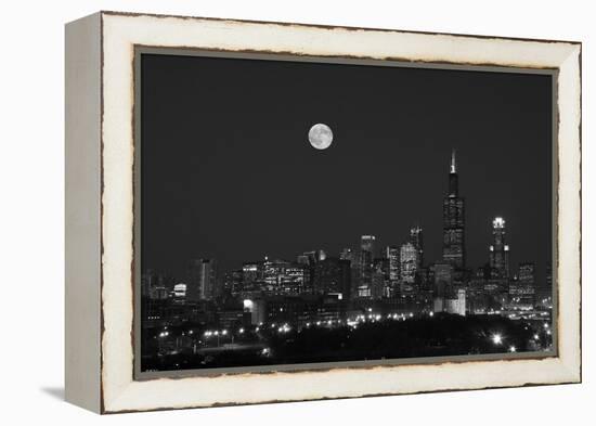 Chicago Skyline & Full Moon In Black & White-Steve Gadomski-Framed Premier Image Canvas