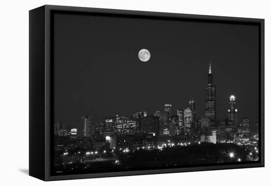 Chicago Skyline & Full Moon In Black & White-Steve Gadomski-Framed Premier Image Canvas