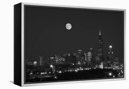 Chicago Skyline & Full Moon In Black & White-Steve Gadomski-Framed Premier Image Canvas