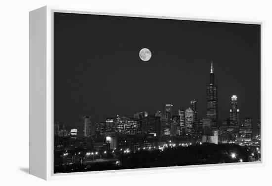 Chicago Skyline & Full Moon In Black & White-Steve Gadomski-Framed Premier Image Canvas