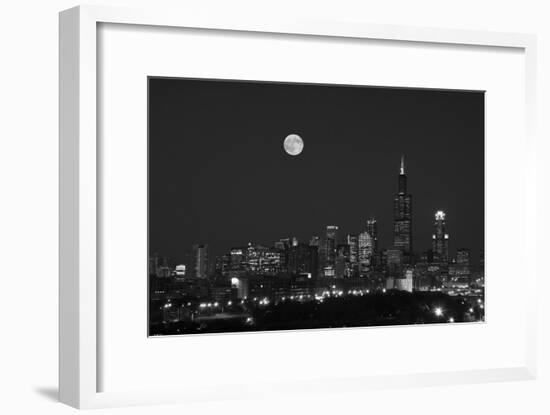 Chicago Skyline & Full Moon In Black & White-Steve Gadomski-Framed Photographic Print