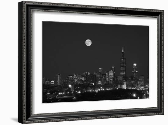 Chicago Skyline & Full Moon In Black & White-Steve Gadomski-Framed Photographic Print