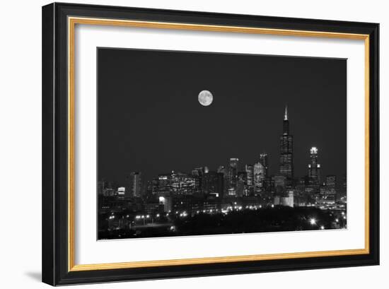 Chicago Skyline & Full Moon In Black & White-Steve Gadomski-Framed Photographic Print