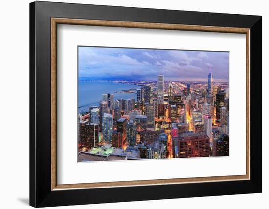 Chicago Skyline Panorama Aerial View with Skyscrapers over Lake Michigan with Cloudy  Sky at Dusk.-Songquan Deng-Framed Photographic Print