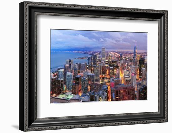 Chicago Skyline Panorama Aerial View with Skyscrapers over Lake Michigan with Cloudy  Sky at Dusk.-Songquan Deng-Framed Photographic Print