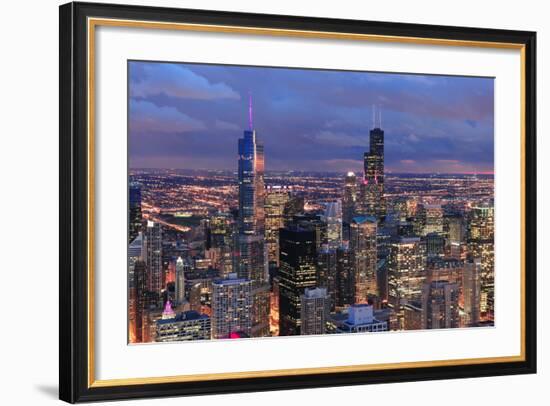 Chicago Skyline Panorama Aerial View with Skyscrapers with Cloudy  Sky at Dusk.-Songquan Deng-Framed Photographic Print