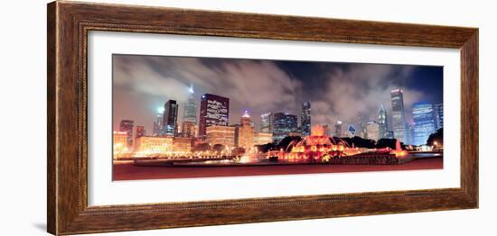 Chicago Skyline Panorama with Skyscrapers and Buckingham Fountain in Grant Park at Night Lit by Col-Songquan Deng-Framed Photographic Print