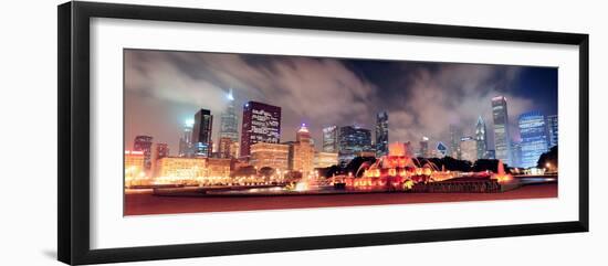 Chicago Skyline Panorama with Skyscrapers and Buckingham Fountain in Grant Park at Night Lit by Col-Songquan Deng-Framed Photographic Print