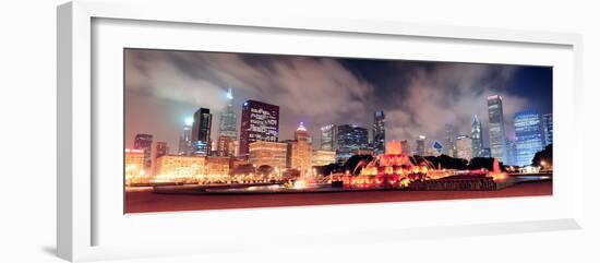 Chicago Skyline Panorama with Skyscrapers and Buckingham Fountain in Grant Park at Night Lit by Col-Songquan Deng-Framed Photographic Print