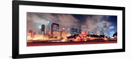Chicago Skyline Panorama with Skyscrapers and Buckingham Fountain in Grant Park at Night Lit by Col-Songquan Deng-Framed Photographic Print