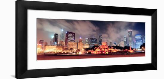 Chicago Skyline Panorama with Skyscrapers and Buckingham Fountain in Grant Park at Night Lit by Col-Songquan Deng-Framed Photographic Print