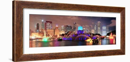 Chicago Skyline Panorama with Skyscrapers and Buckingham Fountain in Grant Park at Night Lit by Col-Songquan Deng-Framed Photographic Print