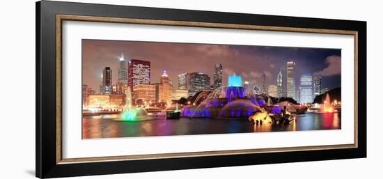 Chicago Skyline Panorama with Skyscrapers and Buckingham Fountain in Grant Park at Night Lit by Col-Songquan Deng-Framed Photographic Print