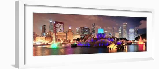 Chicago Skyline Panorama with Skyscrapers and Buckingham Fountain in Grant Park at Night Lit by Col-Songquan Deng-Framed Photographic Print