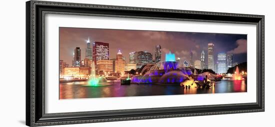 Chicago Skyline Panorama with Skyscrapers and Buckingham Fountain in Grant Park at Night Lit by Col-Songquan Deng-Framed Photographic Print