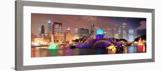 Chicago Skyline Panorama with Skyscrapers and Buckingham Fountain in Grant Park at Night Lit by Col-Songquan Deng-Framed Photographic Print