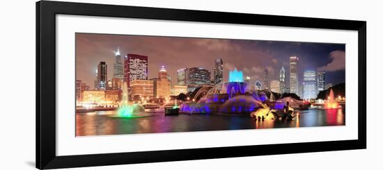 Chicago Skyline Panorama with Skyscrapers and Buckingham Fountain in Grant Park at Night Lit by Col-Songquan Deng-Framed Photographic Print