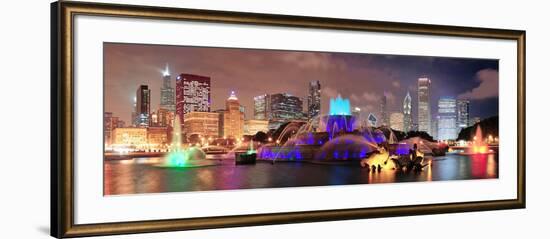 Chicago Skyline Panorama with Skyscrapers and Buckingham Fountain in Grant Park at Night Lit by Col-Songquan Deng-Framed Photographic Print