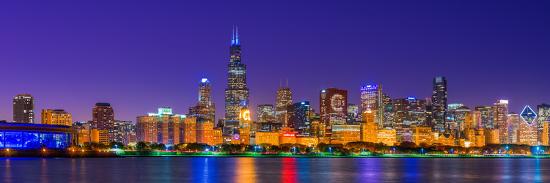 Chicago Skyline With Cubs World Series Lights Night Lake Michigan Chicago Cook County Illino Photographic Print By Artcom