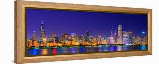 Chicago skyline with Cubs World Series lights night, Lake Michigan, Chicago, Cook County, Illino...-null-Framed Premier Image Canvas