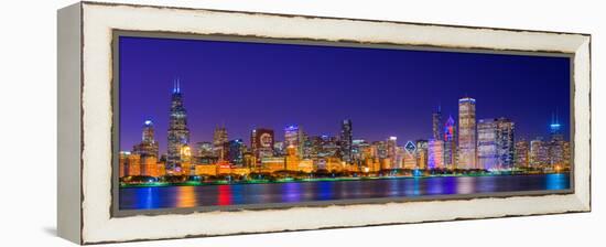 Chicago skyline with Cubs World Series lights night, Lake Michigan, Chicago, Cook County, Illino...-null-Framed Premier Image Canvas