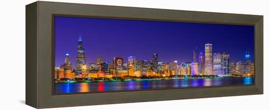 Chicago skyline with Cubs World Series lights night, Lake Michigan, Chicago, Cook County, Illino...-null-Framed Premier Image Canvas