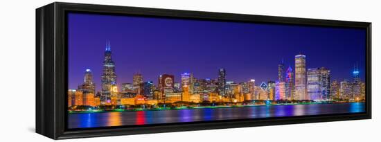 Chicago skyline with Cubs World Series lights night, Lake Michigan, Chicago, Cook County, Illino...-null-Framed Premier Image Canvas