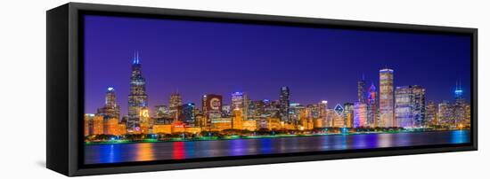 Chicago skyline with Cubs World Series lights night, Lake Michigan, Chicago, Cook County, Illino...-null-Framed Premier Image Canvas