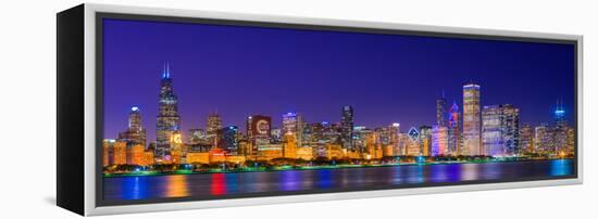 Chicago skyline with Cubs World Series lights night, Lake Michigan, Chicago, Cook County, Illino...-null-Framed Premier Image Canvas