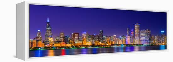 Chicago skyline with Cubs World Series lights night, Lake Michigan, Chicago, Cook County, Illino...-null-Framed Premier Image Canvas