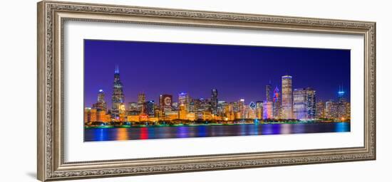 Chicago skyline with Cubs World Series lights night, Lake Michigan, Chicago, Cook County, Illino...-null-Framed Photographic Print