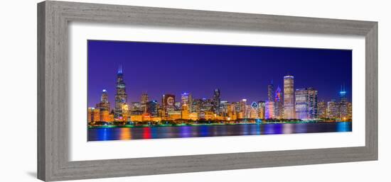 Chicago skyline with Cubs World Series lights night, Lake Michigan, Chicago, Cook County, Illino...-null-Framed Photographic Print