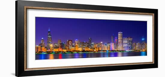 Chicago skyline with Cubs World Series lights night, Lake Michigan, Chicago, Cook County, Illino...-null-Framed Photographic Print