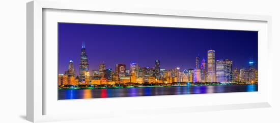 Chicago skyline with Cubs World Series lights night, Lake Michigan, Chicago, Cook County, Illino...-null-Framed Photographic Print