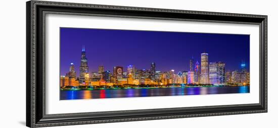 Chicago skyline with Cubs World Series lights night, Lake Michigan, Chicago, Cook County, Illino...-null-Framed Photographic Print