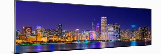 Chicago skyline with Cubs World Series lights night, Lake Michigan, Chicago, Cook County, Illino...-null-Mounted Photographic Print