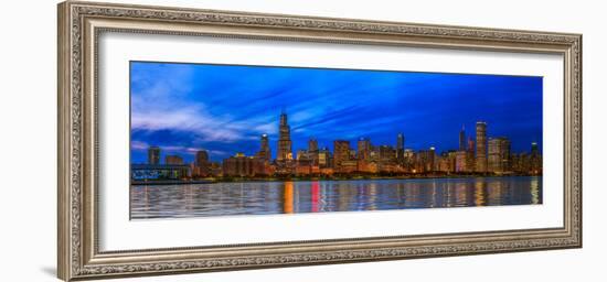 Chicago skyline with Cubs World Series lights night, Lake Michigan, Chicago, Cook County, Illino...-null-Framed Photographic Print