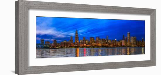 Chicago skyline with Cubs World Series lights night, Lake Michigan, Chicago, Cook County, Illino...-null-Framed Photographic Print