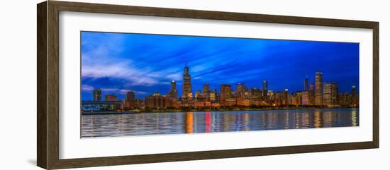 Chicago skyline with Cubs World Series lights night, Lake Michigan, Chicago, Cook County, Illino...-null-Framed Photographic Print