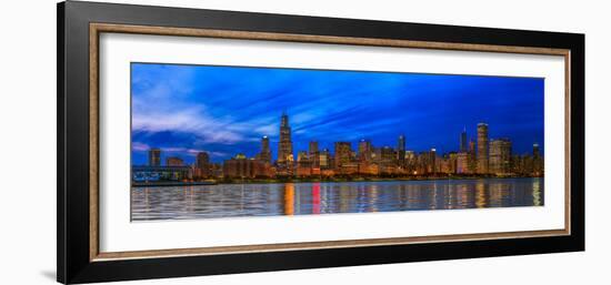 Chicago skyline with Cubs World Series lights night, Lake Michigan, Chicago, Cook County, Illino...-null-Framed Photographic Print